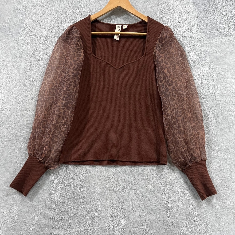 Anthropologie DOLAN Puff-Sleeve Sweater Womens Small Brown Twofer Leopard